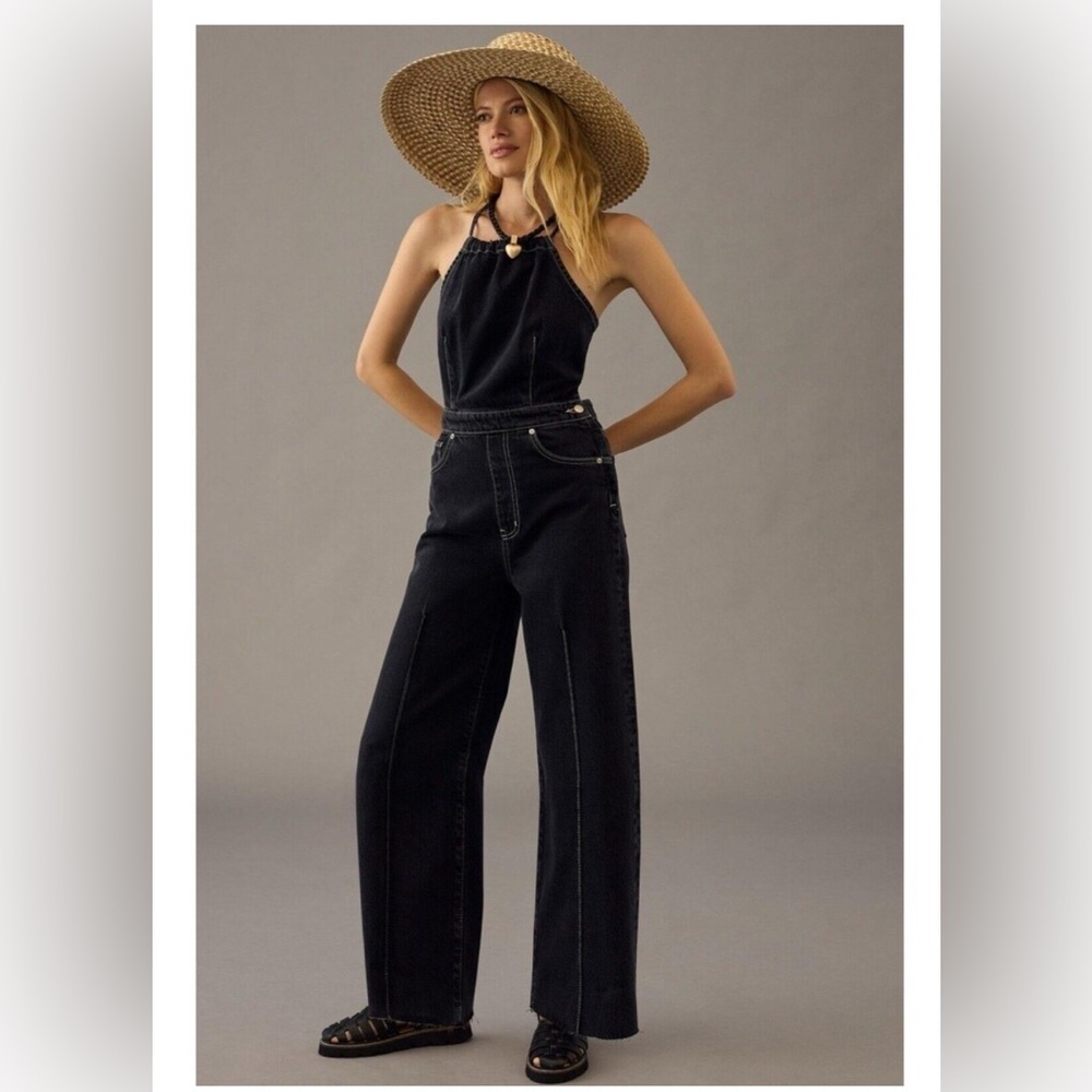 NWT ETICA Cami Halter Black Pearl Denim Jumpsuit Crop Wide Leg Size M